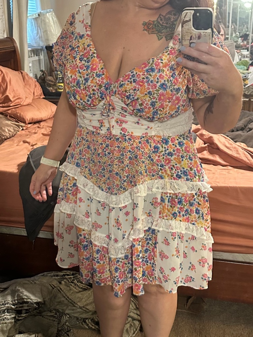 ARULA Ivory Floral Tiered Dress with Pink, Blue & Yellow Blooms - Picture 5 of 5